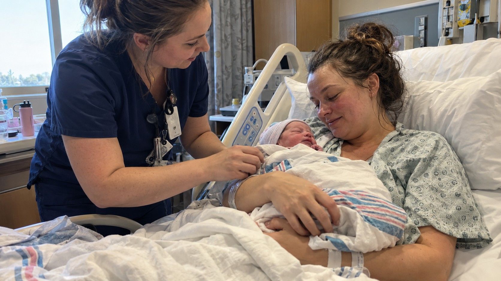 A labor and delivery nurse checks on a newborn resting with mom in a hospital bed